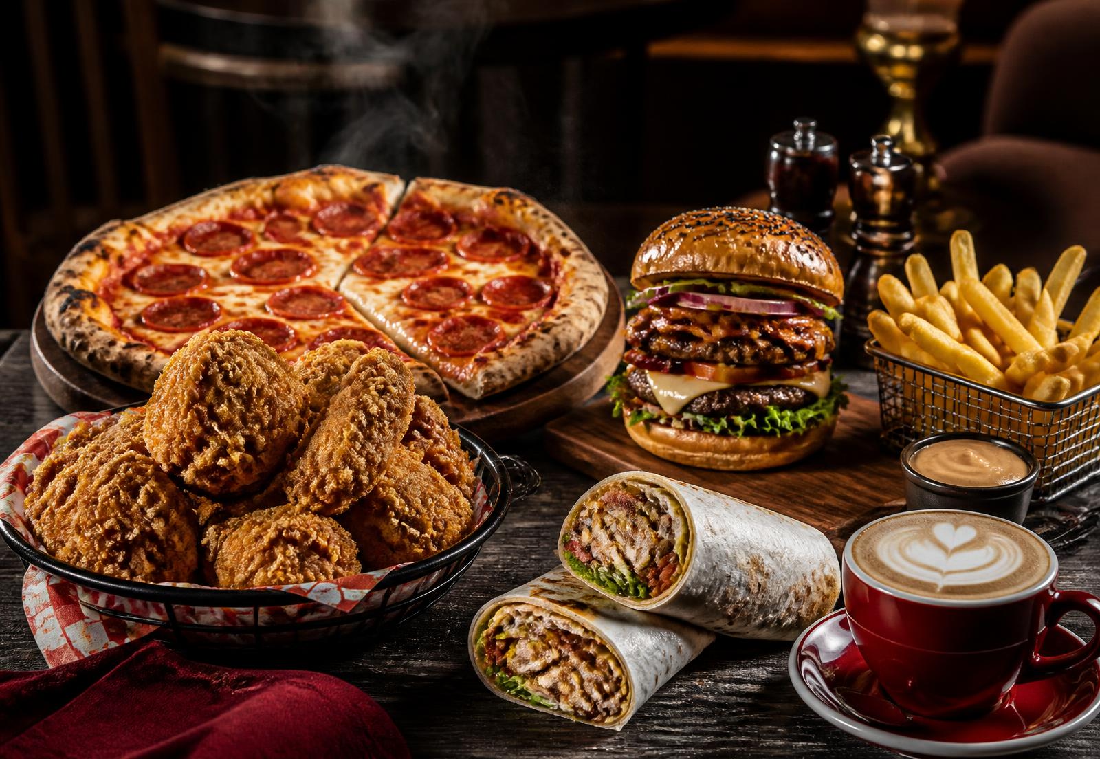 Crispy chicken, pizza, burger, wrap, fries and coffee on a 4 Seasons table